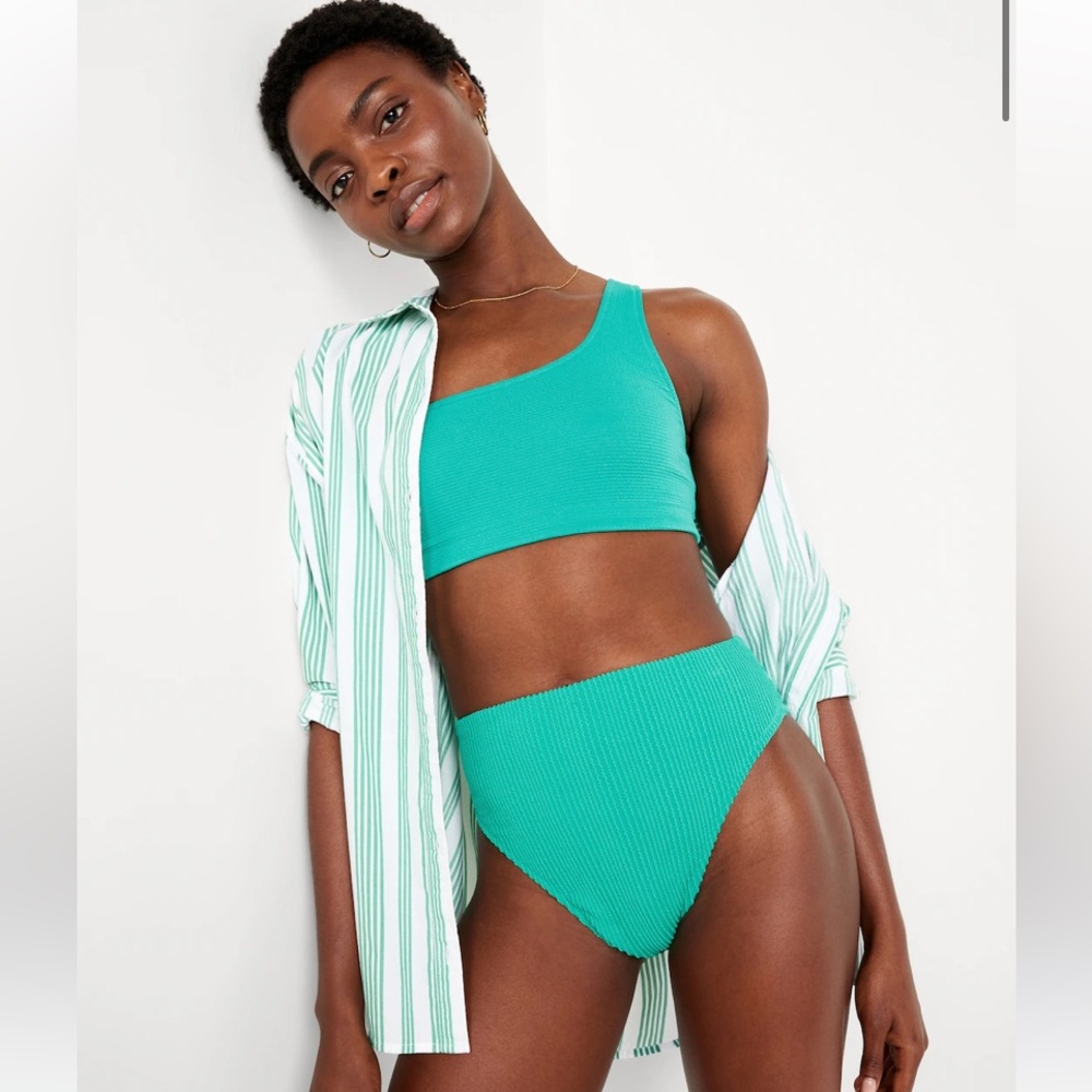 Green Textured High Waisted French Cut Bikini Bottoms